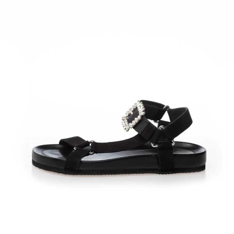 Copenhagen Shoes Flade Sandaler^SIMILI AND DIAMONDS SUEDE - BLACK Similiand diamonds suede sandal black
